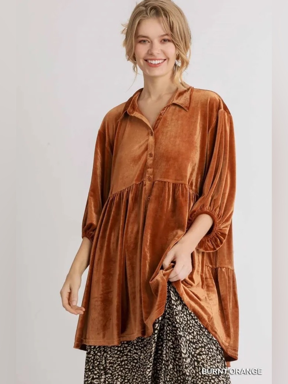 Umgee Burnt Orange Whimsygoth Velvet Swing Dress 3/4 Sleeves Edgy Boho Layering